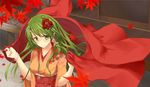  autumn bad_id bad_pixiv_id flower green_eyes green_hair hair_flower hair_ornament jacket japanese_clothes kimono kochiya_sanae leaf long_hair obi outdoors sash smile solo touhou yoo_(tabi_no_shiori) 