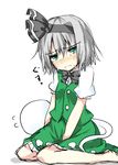  black_hairband blush bow bowtie crying crying_with_eyes_open frown ghost green_eyes hair_ribbon hairband hitodama konpaku_youmu konpaku_youmu_(ghost) ribbon shingetsu_takehito silver_hair sitting skirt solo tears touhou vest wariza 