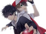  2boys cosplay costume_switch multiple_boys ookido_green ookido_green_(cosplay) ookido_green_cosplay poke_ball pokeball pokemon red_(pokemon) red_(pokemon)_(cosplay) simple_background 