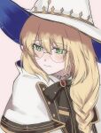 1girl 56_magmag aesc_(fate) aesc_(rain_witch)_(fate) black-framed_eyewear black_bow black_bowtie blonde_hair blue_capelet blue_hat blush bow bowtie braid capelet closed_mouth commentary_request cropped_torso crown_hat eyelashes fate/grand_order fate_(series) gem glasses green_eyes hair_between_eyes half-closed_eyes hat highres jewelry long_hair looking_to_the_side low-braided_long_hair low-tied_long_hair pendant pink_background red_gem round_eyewear shy simple_background single_braid solo two-sided_capelet two-sided_fabric two-sided_headwear upper_body white_capelet white_hat witch_hat 