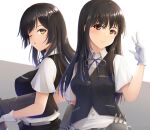  adapted_turret black_hair black_skirt black_vest blue_ribbon blush breasts commentary_request gloves grey_eyes hair_ornament hairclip hayashio_(kancolle) highres kantai_collection long_hair looking_at_viewer medium_breasts neck_ribbon one_eye_closed oyashio_(kancolle) pleated_skirt ribbon school_uniform seiya_(iiseven) shirt short_sleeves skirt small_breasts solo type_96_aa_gun vest white_background white_gloves white_shirt 