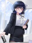  1girl black_hair black_skirt business_suit commentary_request commission formal_clothes glasses highres indie_virtual_youtuber multicolored_hair office office_lady pencil_skirt red_eyes shirt shirt_tucked_in skeb_commission skirt skirt_suit suit virtual_youtuber white_shirt yuuyu_(moco20111115) 