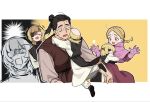  1girl 3boys aged_down arms_around_neck badeni black_hair black_shoes black_tabard blonde_hair blush border braid brown_dress brown_eyes brown_vest capelet chi.:_chikyuu_no_undou_ni_tsuite child commentary_request dress eyepatch gloves hair_bun highres hug jolenta medium_hair multiple_boys oczy open_mouth panties pink_capelet pink_gloves ponytail robe sakitsu scar scar_on_face scar_on_mouth scar_on_nose shaded_face shoes single_braid sweatdrop tabard tonsure underwear updo vest white_border white_panties white_robe wide-eyed yellow_background 