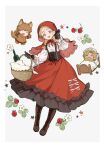  1boy 1girl animal_ears basket beard black_gloves blonde_hair bonnet boots border bottle braid breasts brown_boots capelet character_request chi.:_chikyuu_no_undou_ni_tsuite chibi commentary_request cosplay facial_hair flower food fruit full_body gloves grey_background highres holding holding_basket hood hood_up hooded_capelet jolenta little_red_riding_hood_(fairy_tale_character) little_red_riding_hood_(fairy_tale_character)_(cosplay) long_sleeves nowak_(chi.) on_bed open_mouth parted_bangs picnic_basket pince-nez puffy_long_sleeves puffy_sleeves raspberry red_capelet red_skirt sakitsu shirt skirt small_breasts smile suspenders tail twin_braids under_covers underbust white_bonnet white_border white_flower white_shirt wine_bottle wolf_ears wolf_tail yellow_eyes 