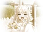  1girl aqua_eyes blonde_hair blush elbow_gloves flower game_cg gloves hime hime_to hime_to_boin monochrome open_mouth outdoors princess_juliette sano_toshihide solo tiara 
