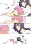  1girl akemi_homura bed blanket blush comic embarrassed genderswap genderswap_(ftm) hetero kaname_madoka kaname_madou kurono_yuu mahou_shoujo_madoka_magica naked_sheet pillow sleeping under_covers 