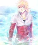  aqua_eyes bad_id bad_pixiv_id barnaby_brooks_jr blonde_hair blue_eyes glasses green_eyes highres jacket jewelry male_focus necklace red_jacket solo tiger_&amp;_bunny unabara_misumi water 