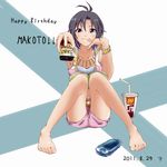  antenna_hair barefoot black_hair blue_eyes book bracelet controller drink finger_to_mouth full_body handheld_game_console happy_birthday idolmaster idolmaster_(classic) idolmaster_2 jewelry kikuchi_makoto kyandi looking_at_viewer necklace playstation_portable remote_control short_hair shorts simple_background sitting smile solo toes 