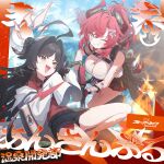  2girls ahoge album_cover black_hair black_horns black_shorts black_skirt black_tail blue_archive blue_eyes blue_sky breasts cleavage clothes_around_waist coat coat_partially_removed collared_shirt commentary_request copyright_notice cover day demon_horns demon_tail detonator fang flamethrower gas_cylinder goggles goggles_on_head grin hair_intakes hair_ornament halo higashigure highres holding holding_detonator holding_flamethrower holding_weapon horns jacket jacket_around_waist kasumi_(blue_archive) lab_coat large_breasts long_hair looking_at_viewer megu_(blue_archive) mountain mountainous_horizon multiple_girls official_art one_eye_closed open_mouth outdoors pointy_ears ponytail red_hair red_halo red_horns red_shirt ribbed_tank_top ring_of_light_(blue_archive) sandals shirt shorts skirt sky sleeves_past_fingers sleeves_past_wrists smile tail translation_request water weapon white_coat yellow_eyes 