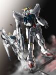  2others alternate_form bazooka_(gundam) beam_rifle commentary_request dual_persona dutch_angle earth_federation energy_gun f91_gundam glowing glowing_eyes green_eyes gundam gundam_f91 hangar highres mecha mecha_focus mobile_suit multiple_others realistic robot science_fiction seotaku_(kyokkou) spacecraft_interior v-fin weapon zero_gravity 