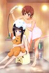  absurdres bare_shoulders barefoot bath_stool bathing blush brown_hair covering doll_hug highres hiyamizu_yukie kami-sama_no_memo-chou long_legs multiple_girls naked_towel nude_cover nyantype official_art shinozaki_ayaka shionji_yuuko short_hair shower_head sitting steam stool stuffed_animal stuffed_toy teddy_bear towel washing_hair wavy_mouth 