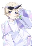  1girl absurdres blonde_hair blush choker commentary_request eyewear_on_head hand_up highres hololive hololive_dev_is jacket leaf_in_mouth long_sleeves looking_at_viewer multicolored_hair multicolored_jacket open_clothes open_jacket purple_choker purple_eyes purple_hair purple_jacket shirt simple_background sleeves_past_wrists solo streaked_hair sugidoritos todoroki_hajime two-tone_jacket two_side_up upper_body virtual_youtuber white_background white_jacket white_shirt 