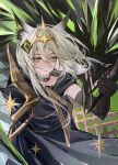  1girl animal_ear_fluff animal_ears arknights black_choker black_dress black_gloves cat_ears cat_girl chinese_commentary choker closed_mouth commentary_request crown dress elbow_gloves expressionless fei_gou_dongmian gloves green_eyes grey_hair highres hood hood_down kal'tsit_(arknights) kal'tsit_(king_of_purrkatz)_(arknights) looking_at_viewer medium_hair mon3tr_(arknights) mon3tr_(summon)_(arknights) official_alternate_costume star_(symbol) 