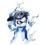  1girl blue_eyes blue_hair closed_mouth dissolving domino_mask goggles goggles_on_head inkling looking_away mask pointy_ears short_hair signature simple_background solo splatoon splatoon_(series) splatoon_2 tarai_(silica5) tentacle_hair upper_body water white_background 
