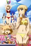  absurdres arcueid_brunestud artoria_pendragon_(all) ball beach beachball bikini blonde_hair brain_freeze breasts carnival_phantasm casual_one-piece_swimsuit cleavage fate/stay_night fate_(series) flat_chest food front-tie_top green_eyes highres hirose_tomohito ice_cream illyasviel_von_einzbern kneeling long_hair matou_sakura medium_breasts multiple_girls nekoarc nyantype one-piece_swimsuit saber scan side-tie_bikini swimsuit tankini toono_akiha tsukihime type-moon white_hair 