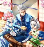  ^_^ blue_eyes boots bow closed_eyes coat crossover dango devil_may_cry fingerless_gloves flower food gloves hair_ribbon hairband hat japanese_clothes katana konpaku_youmu multiple_girls nagare pink_eyes pink_hair plate ribbon saigyouji_yuyuko sanshoku_dango sheath short_hair silver_hair sitting skewer skirt smile sword touhou triangular_headpiece vergil wagashi weapon white_hair 