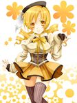  beret blonde_hair blush breasts drill_hair hat long_hair magical_girl mahou_shoujo_madoka_magica medium_breasts physali skirt smile solo striped striped_legwear thighhighs tomoe_mami twin_drills twintails vertical-striped_legwear vertical_stripes yellow yellow_background yellow_eyes yellow_skirt 