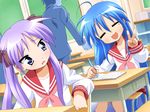  2girls blue_eyes blush dress female game_cg girl green_eyes hiiragi_kagami izumi_konata long_hair lucky_star multiple_girls pink_hair purple_hair raki_kosu school_uniform schoolgirl serafuku twintails uniform 