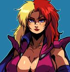  bad_id bad_pixiv_id blonde_hair blue_eyes breasts center_opening chara_soon cleavage elbow_gloves eyeshadow gloves gundam gundam_zz large_breasts lips lipstick long_hair makeup multicolored_hair no_bra osomo_(hachilow) red_hair shoulder_pads solo two-tone_hair 