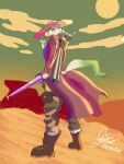  2026 anthro boots braided_hair cigarette clothing coat cowgirl_outfit dated eeveelution footwear generation_4_pokemon gun hair hi_res leafeon malon_(gammainks) melee_weapon nintendo pokemon pokemon_(species) pouch_(clothing) ranged_weapon shoes signature solo sword tail topwear weapon xxgsc0113xx_(artist) 