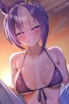  1girl absurdres amepa_(ame_pinecandy) animal_ears armpit_crease backlighting bare_shoulders bikini black_bikini blue_hair blush braid breasts bright_pupils cesario_(umamusume) commentary_request crown_braid front-tie_bikini_top front-tie_top hair_between_eyes highres horse_ears horse_girl looking_at_viewer medium_breasts multicolored_hair purple_eyes short_hair smile solo streaked_hair sunset swimsuit umamusume upper_body white_streaks 