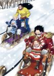  5boys black_hair blonde_hair blue_mittens blush buggy_the_clown child clown_nose coat commentary_request epaulettes facial_hair glasses gloves goatee gol_d._roger highres male_focus mittens multiple_boys musasabiop mustache nose_blush one_piece open_mouth red_coat red_mittens scopper_gaban shanks_(one_piece) short_hair silvers_rayleigh sledding snow snowing white_gloves winter winter_clothes 
