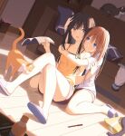  2girls animal aya223 bare_legs black_hair black_shorts blonde_hair blue_eyes book bottle camisole cat commentary_request couch couple dutch_angle holding holding_book hug hug_from_behind indoors knees_up long_hair looking_to_the_side multiple_girls on_floor on_ground open_book open_mouth orange_cat original pen pet pillow red_shorts sandals shirt short_shorts short_sleeves shorts sideways_glance sitting smile straight_hair sunlight t-shirt trash_can unworn_clothes white_shirt wooden_floor yellow_camisole yuri 