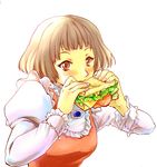  1girl absurdres breasts brown_eyes brown_hair eating female food frilled_shirt frills gundam highres long_sleeves sandwich shirt short_hair simple_background sochie_heim solo turn_a_gundam unpoco 