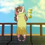  1:1 anthro beach boardwalk brown_hair canid canine canis clothing domestic_dog dress eyes_closed facing_forward feathers featureless_feet featureless_hands feet female flying footwear fur hair hi_res lagomorph leporid light long_hair mammal one_eye_closed open_mouth rabbit sandals shea_(ticklebunny) shoes summer sundress sunlight ticklebunny tickling tickling_armpits white_body white_fur wings 