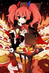  bandaid black_eyes boots bow cake cape chair charlotte_(madoka_magica) cheese choker cup doughnut food hair_ribbon mahou_shoujo_madoka_magica neko-san_(dim.dream) personification red_hair ribbon solo table teacup twintails witch's_labyrinth 