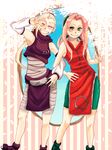  2girls blonde_hair blush earrings eyes_closed green_eyes grin haru_urara haruno_sakura jewelry long_hair multiple_girls naruto pink_hair remember sakura smile standing tegaki v yamanaka_ino 