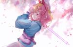  1girl blonde_hair blue_shirt chinese_clothes chinese_commentary closed_mouth commentary_request cowboy_shot falling_petals flipped_hair flower from_side hanazawaazusa hand_up highres holding holding_sword holding_weapon hongmao_and_lantu humanization long_hair long_sleeves looking_at_viewer looking_to_the_side multicolored_hair pants petals pink_background pink_eyes pink_hair purple_pants purple_sash sally_(hongmao_and_lantu) sash shirt solo standing sword two-tone_hair waist_sash wavy_hair weapon white_background wide_ponytail wisteria 