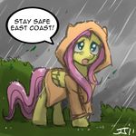  bushes dialog dialogue english_text equine female feral fluttershy_(mlp) friendship_is_magic grass hair horse john_joseco looking_at_viewer mammal my_little_pony outside pegasus pink_hair pony rain raincoat solo standing text wings worried yellow 
