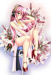  bare_legs bespectacled blush breasts china_dress chinese_clothes cleavage cleavage_cutout dress flower glasses hand_on_headphones headphones high_heels lily_(flower) long_hair medium_breasts megurine_luka no_panties pink_eyes pink_hair red-framed_eyewear red_footwear shirokuma_a shoes side_slit sitting solo stool vocaloid 