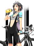  antenna_hair bicycle black_eyes black_hair bottle breasts cleavage eyewear_on_head fingerless_gloves glasses gloves ground_vehicle idolmaster idolmaster_(classic) jacket kikuchi_makoto navel one_eye_closed open_mouth short_hair small_breasts solo sports_bra standing sweat tsurui water_bottle 