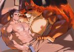  2boys abs animal_ear_fluff animal_ears arm_hair bara bed_sheet biceps broad_shoulders brown_eyes brown_hair chest_hair commentary condom condom_packet_strip condom_wrapper dog_boy dog_ears dog_tail facial_hair flying_sweatdrops furry furry_male grin hand_hair heart heart-shaped_pupils highres large_pectorals lying male_focus multiple_boys muscular muscular_arms muscular_male muyu_(muyu824127) nipples on_back original parted_lips pectorals scar scar_on_face scar_on_mouth shiny_skin sideburns size_difference smile stubble sweatdrop symbol-shaped_pupils tail thick_eyebrows topless_male yaoi 