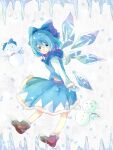  1girl adapted_costume blue_bow blue_capelet blue_eyes blue_hair blue_mittens blue_skirt blue_vest boots bow brown_boots capelet character_snowman cirno commentary daiyousei fold-over_boots fur-trimmed_skirt fur-trimmed_sleeves fur_trim grin gumi_(fwjn7284) hair_bow highres ice ice_wings looking_at_viewer mittens skirt smile snowflakes snowman solo touhou vest wings winter_clothes 