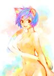  animal_ears bad_id bad_pixiv_id blue_hair breasts cat_ears cat_tail medium_breasts nomoto nude original red_eyes short_hair sketch smile solo tail 