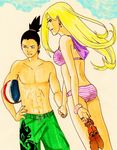  abs bikini black_hair blonde_hair cyacky earrings green_eyes hand_holding jewelry long_hair nail_polish nara_shikamaru naruto smile striped swimsuit yamanaka_ino 