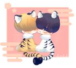  2022 2boys animal_costume animal_ears animal_print black_eyes black_hair blonde_hair blush border cheek-to-cheek chibi chibi_only closed_mouth commentary_request covered_eyes decoco fake_animal_ears fake_tail hair_over_eyes heads_together hong_jae-yeol long_bangs looking_at_viewer lookism male_focus multiple_boys open_mouth outside_border park_hyung-suk pink_background short_hair smile tail tiger_costume tiger_ears tiger_print tiger_tail white_border yaoi 