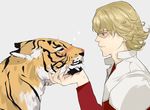  animal animalization bad_id bad_pixiv_id barnaby_brooks_jr blonde_hair blush chin_tickle closed_eyes glasses green_eyes jacket kaburagi_t_kotetsu lala_(wuchabie) male_focus petting red_jacket simple_background sparkle staring tiger tiger_&amp;_bunny whiskers 