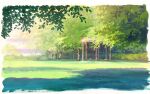 bench dappled_sunlight day grass hedge highres leaf no_humans original outdoors park park_bench sawitou_mizuki scenery shadow shelter sunlight tree tree_shade 