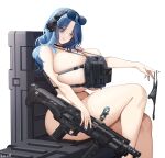  1girl ;) black_choker black_panties blue_eyes blue_hair blue_nails blush breasts choker closed_mouth dp-12_(girls'_frontline) eyewear_on_head feet_out_of_frame from_side girls'_frontline girls'_frontline_2:_exilium gun helen_(girls'_frontline_2) highres holding holding_panties holding_underwear holding_unworn_clothes huge_breasts keenh looking_to_the_side mature_female medium_hair nail_polish nude one_eye_closed panties simple_background sitting smile solo standard_manufacturing_dp-12 sunglasses thighs underwear unworn_panties weapon white_background 