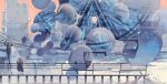  3boys balloon bench blazer blue_theme character_request commentary disco_elysium dock english_commentary fence from_behind gloves harry_du_bois highres jacket kim_kitsuragi male_focus multiple_boys orange_gloves orange_jacket outdoors power_lines snow snowing streamers utility_pole very_wide_shot xianyu_chuan 