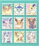  :d animal_focus aqua_border black_eyes black_fur blue_eyes blue_fur border bow bright_pupils brown_eyes brown_fur commentary_request eevee espeon facial_mark fins fish_tail flareon forehead_jewel forehead_mark glaceon green_fur head_fins highres jolteon leaf leafeon looking_at_viewer neck_fur no_humans one_eye_closed open_mouth orange_fur pawpads pink_fur pokemon pokemon_(creature) pokemon_focus postage_stamp purple_eyes purple_fur red_eyes ribbon sidelocks simple_background smile spiked_tail sylveon tail umbreon upper_body vaporeon wataame_(tulip) white_fur white_pupils yellow_fur 