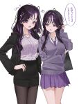  2girls ? ?? absurdres black_hair black_jacket black_pantyhose black_skirt blush breasts collared_shirt colored_speech_bubble commentary_request cowboy_shot curtained_hair hair_intakes highres houndstooth jacket large_breasts long_hair miniskirt mole mole_under_eye multicolored_hair multiple_girls necktie nervous_sweating open_clothes open_jacket open_mouth original pantyhose pencil_skirt pleated_skirt purple_eyes purple_necktie purple_shirt purple_skirt purple_streaks purple_sweater raised_eyebrow school_uniform shirt siblings simple_background sisters skirt skirt_suit smile speech_bubble standing streaked_hair suit suit_jacket sweat sweater translation_request white_background white_shirt yuuyu_(moco20111115) 