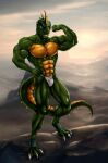  anthro asian_clothing bleakcat bulge clothed clothing digital_media_(artwork) east_asian_clothing fundoshi fundoshi_only green_body green_eyes green_scales hi_res japanese_clothing looking_at_viewer male reptile reptile_cynrik_(character) scales scalie smile solo tail topless underwear underwear_only yellow_sclera 