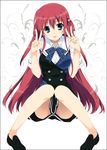  :p blue_eyes bow double_v grisaia_(series) grisaia_no_kajitsu long_hair long_legs mizuki_makoto no_socks red_hair school_uniform sitting solo suou_amane tongue tongue_out twintails v very_long_hair 