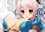  blush cleavage cosplay headphones nitroplus no_bra pink_hair red_eyes soniko super_soniko tagme v-mag 