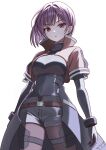  1girl arms_at_sides black_gloves black_shorts blunt_ends bob_cut breasts covered_navel cowboy_shot cropped_jacket earrings eyelashes gloves hair_behind_ear hair_between_eyes hair_intakes heaven_burns_red highres jacket jewelry kanikure12 large_breasts looking_at_viewer official_alternate_costume open_clothes open_jacket parted_lips purple_hair red_eyes red_jacket short_hair short_sleeves shorts sidelighting signature simple_background skindentation solo stud_earrings tezuka_saki tezuka_saki_(dawn_of_hope) thigh_strap v-shaped_eyebrows white_background 